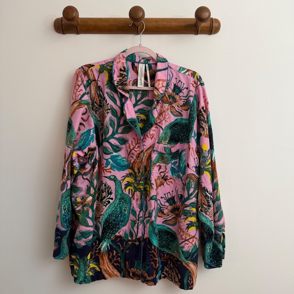 Anthropologie Raphael Balme Flannel Pajama Top Pink Peacock Print Plus Size 2X